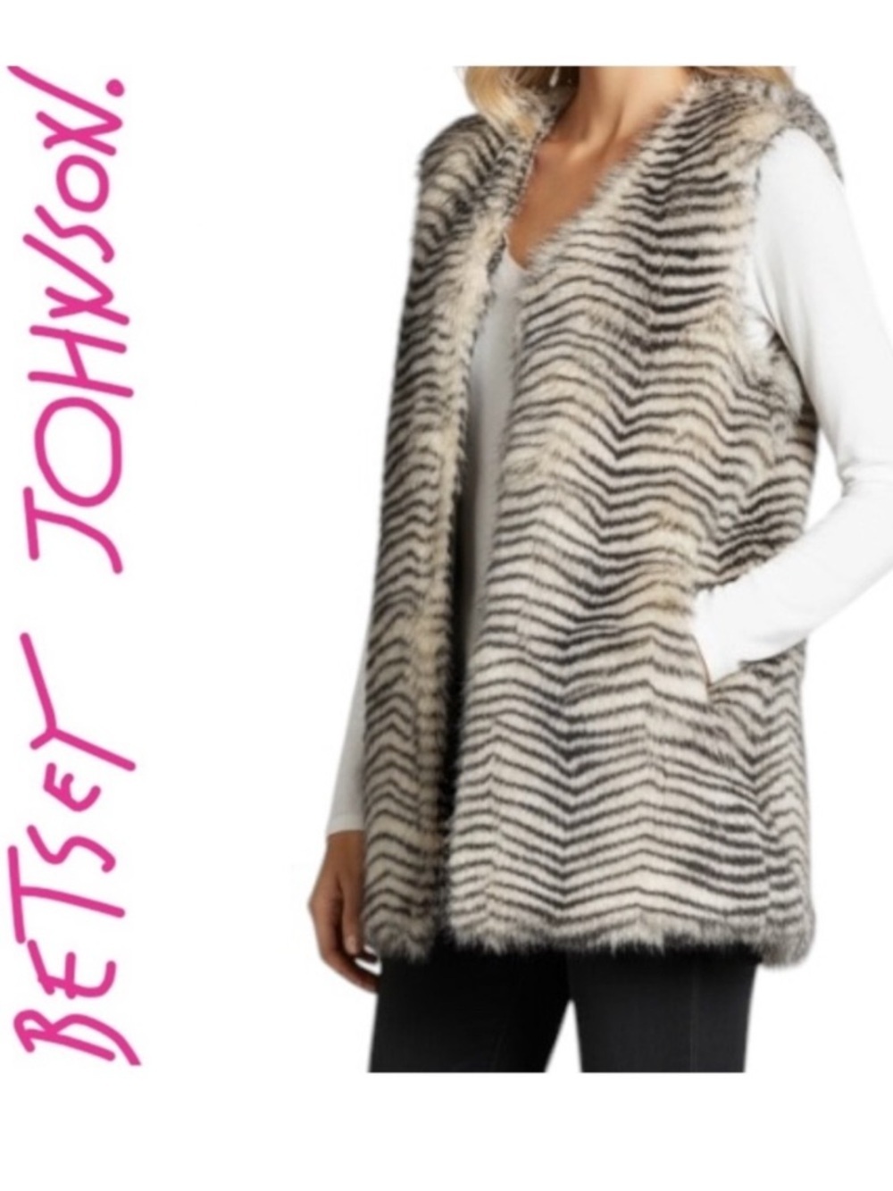 Betsey Johnson Zebra Striped Faux Fur Vest Black White Zig Zag Boho Lined Small
